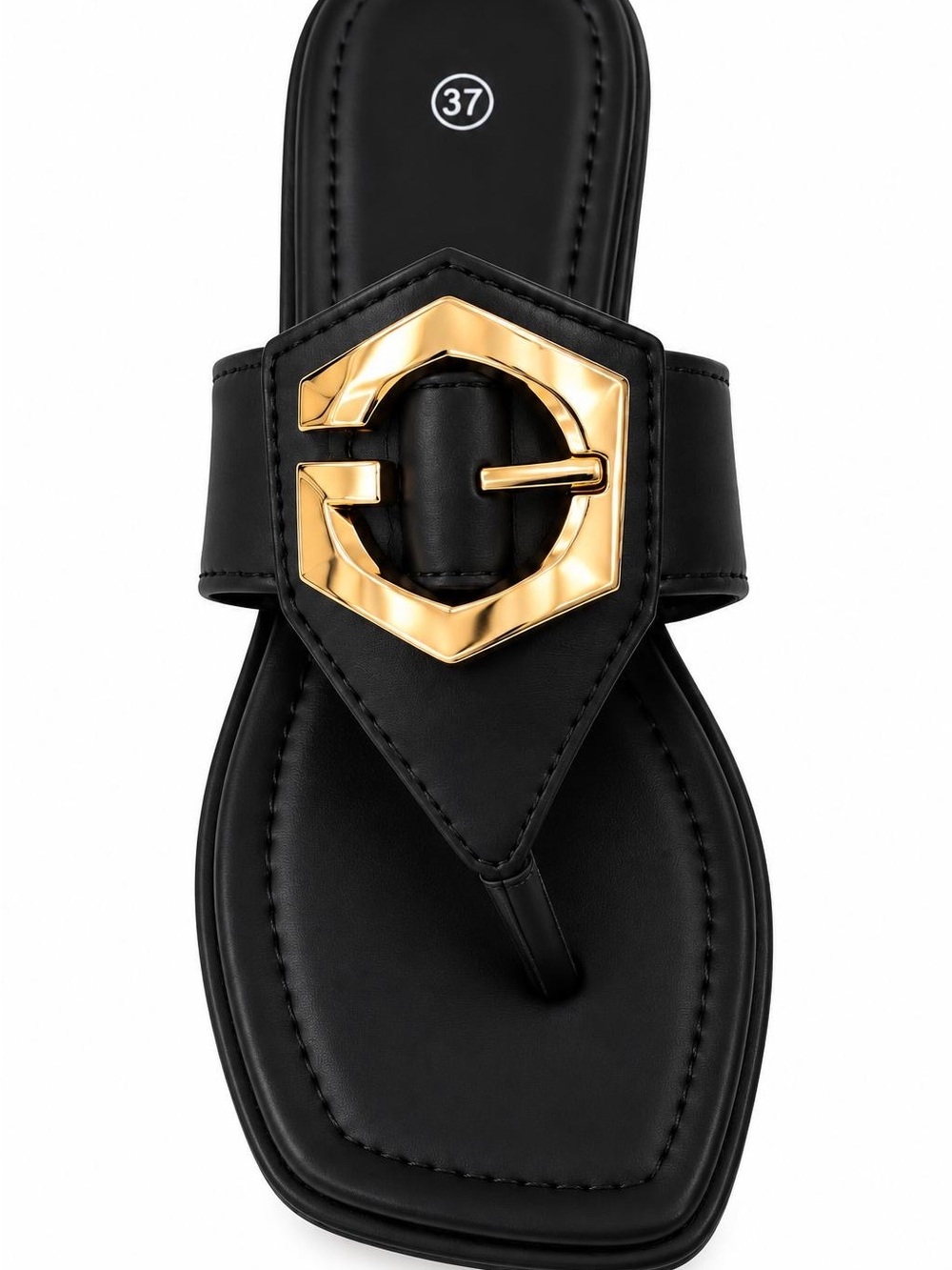 Black Thong Sandals with Gold Accent Buckle